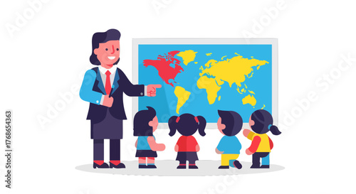 Young Educators Teaching Geography In A Classroom: Learning About Different Countries