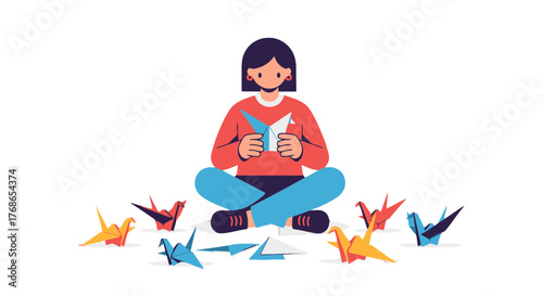 Woman Meditating Whilst Creating Origami, Symbolic Of Peace And Artistic Endeavor