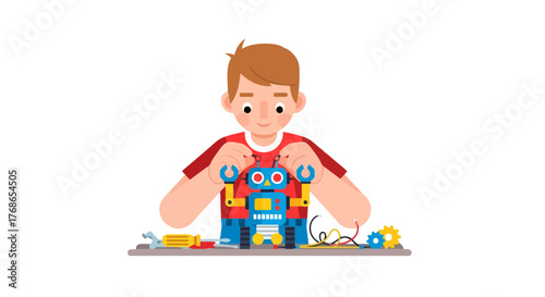Young Inventor Assembling a Robot And Exploring Robotics' Engineering Wonders