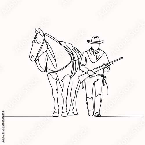 Cowboy walking with horse and rifle, minimalist continuous line art illustration