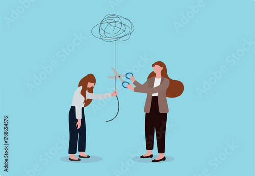 Reduce anxiety or stress, psychotherapy to cure mental health problem or depression, relaxation or relief to cure overworked concept, psychologist using scissors to cut chaos messy balloon on patient.