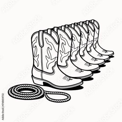 Line of Cowboy Boots with Lasso Western Fashion and Adventure