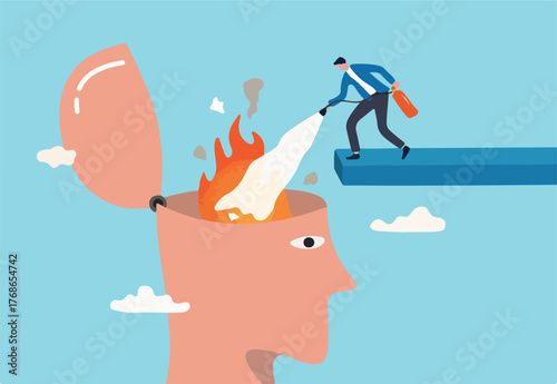 Therapy to cool down burning mind or anger, reduce burnout or mental illness, depression, cure anxiety and stress concept, man with fire extinguisher try to extinguish burning fire on human head.
