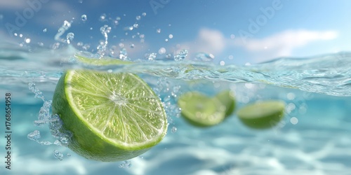Refreshing Lime Slices Splashing in Clear Water Under Bright Sky