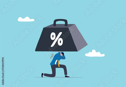 Debt burden risk from high interest rate, FED or federal reserved rate hike cause heavy loan or mortgage payment, economic recession concept, businessman carry heavy