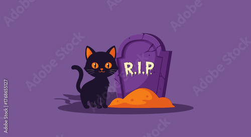 Spooky black cat and RIP tombstone with sand on Halloween night, a fun illustration