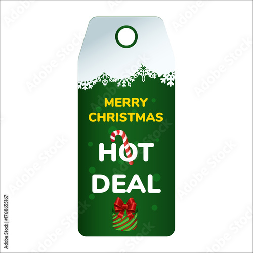 Festive christmas hot deal tag with candy cane and gift box illustration.
