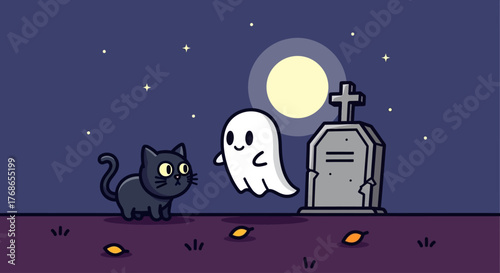 Cute black cat and friendly ghost enjoying a spooky night under a full moon by a gravestone