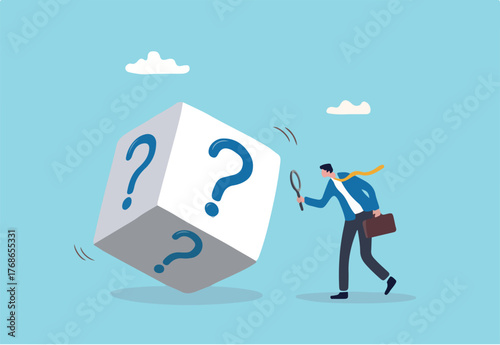 Random or chance to win, gamble, risk management or analyze opportunity, prediction or forecast future, unknown or uncertain concept, businessman with magnifying glass analyze dice with question mark