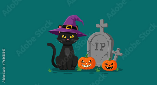 A Black Cat Wearing a Witch Hat Beside Two Pumpkins and a Tombstone on Halloween Night