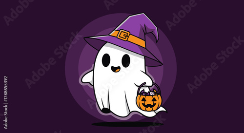 Cute cartoon ghost character with a witch hat holding a bucket of candy, ready for Halloween trick-or-treating