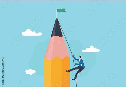 Creative challenge to reach goal and win business, idea, motivation and inspiration to achieve target concept, young creative man climbing pencil mountain to reach winning flag at the peak.