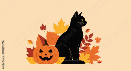 Black Cat and Jack-o'-Lantern with Autumn Leaves Celebrate Halloween