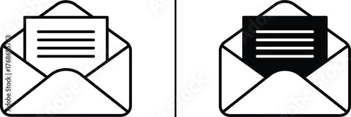 Email Icons: A pair of contrasting email icons, one in classic black and white, depicting an open envelope with a letter inside. Signifying communication, correspondence, and digital messaging.