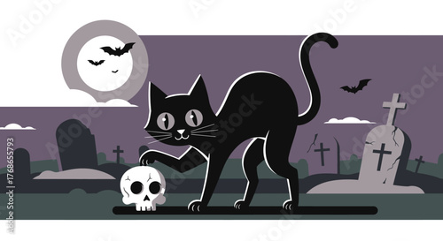 Spooky Halloween scene with a black cat, skull, and tombstones under a full moon with bats flying