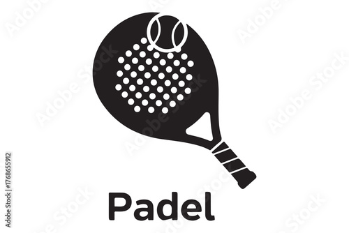 Black silhouette of a padel racket with two balls on top isolated on white background