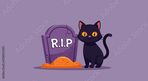 A Spooky Halloween Scene Featuring a Black Cat Sitting Beside a Gravestone with "R.I.P