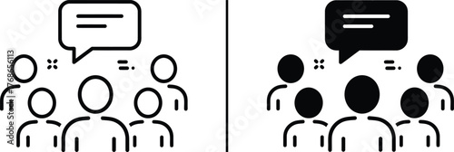 Dialogue Iconography: Simplified visual communication of idea-sharing and group discussions. Symbolic figures interacting with a speech bubble for impactful communication