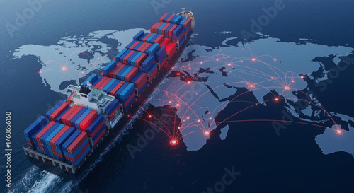 Container ship navigating world map, global shipping network