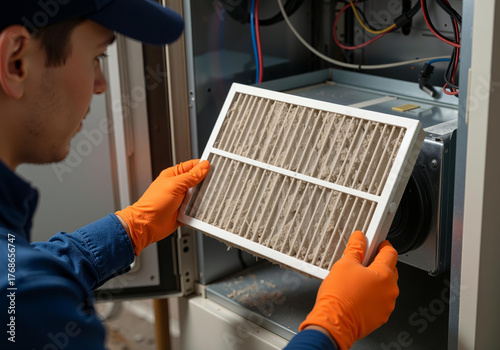 Technician removing dirty furnace air filter for hvac maintenance