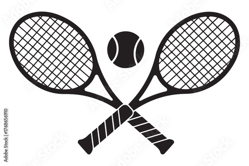 Two crossed tennis rackets and a tennis ball silhouette isolated on white background