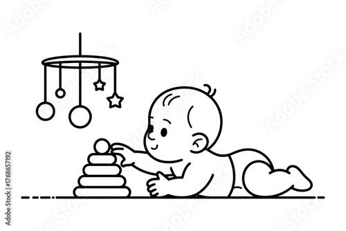 A baby playing with a stacking toy and a mobile in a line art drawing