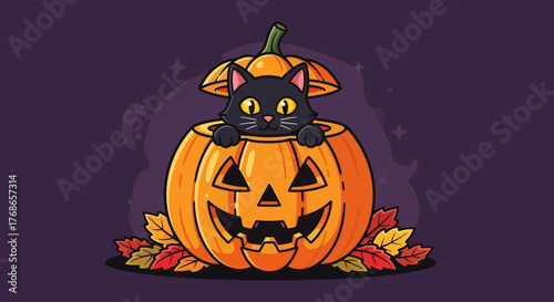 A black cat peeking out of a carved Halloween pumpkin with autumn leaves in a spooky purple background