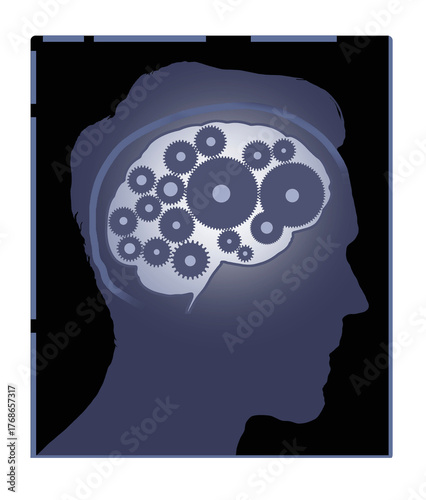 An x-ray of a man's brain with gears turning is seen in an illustration.