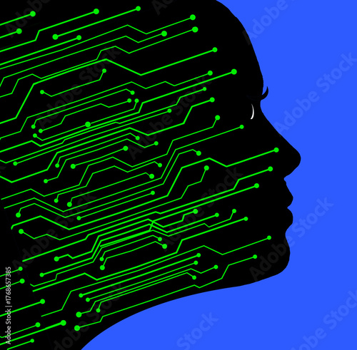 Computer circuits are seen inside the silhouette of a human head in an illustration about artificial intelligence, computers, bio technlogy or other related topics.