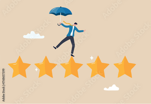 Performance review, annual employee evaluation, appraisal or rating feedback, success five stars employee, excellent feedback opinion concept, businessman balance himself on stars rating evaluation.