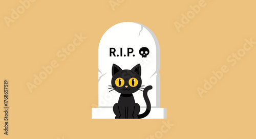 Spooky Black Cat Sitting In Front Of A Gravestone With 'RIP' Written On It, Halloween Themed Illustration