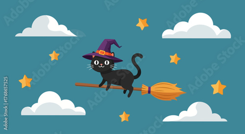 A cute black cat wearing a witch hat flies on a broomstick through a starry night sky with clouds, perfect for Halloween or magical themes