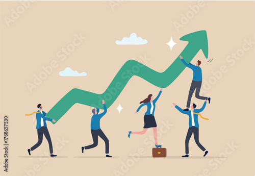 Teamwork support, collaboration for team success, colleague helping or effort to progress to achievement, cooperation, synergy concept, business people colleague help carry growing success arrow.