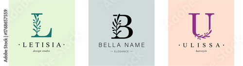 Logo L, B, capital letter U. Monogram of Botanical Minimalistic, Initial. with Organic Plant Elements.
