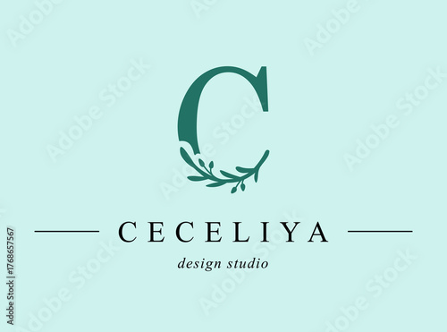 Logo, capital letter C. Monogram of Botanical Minimalistic, Initial. with Organic Plant Elements