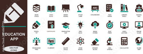 
Education app icons set for apps, UI and web. Includes school, study, online learning, knowledge, exam, graduation, library, tutorial and academic symbols.