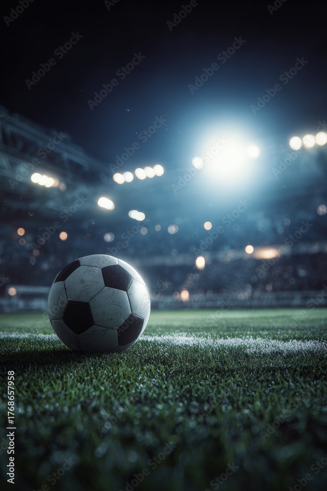 Fototapeta premium Soccer Ball at Mid-Field Under Bright Spotlights in Night Match