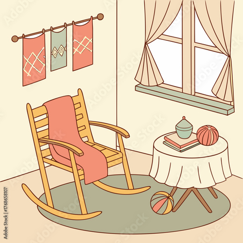 A cozy room illustration with a rocking chair, a round table with books and a ball, and a window with curtains, creating a warm and inviting atmosphere for relaxation and leisure time indoors