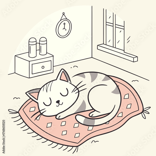A cute cat sleeps peacefully on a pink rug in a cozy room with a window and a clock, , creating a serene and heartwarming scene