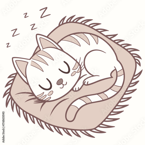 A cute cat sleeps soundly on a fluffy cushion, surrounded by gentle zzzs, , creating a peaceful and adorable scene of feline relaxation