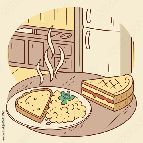 A delightful breakfast scene unfolds with a plate of toast, scrambled eggs adorned with a sprig of parsley, and a grilled sandwich, all steaming gently on a round table in a cozy kitchen setting