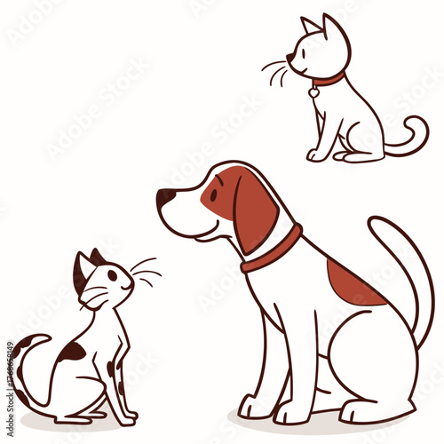 A delightful illustration features a playful dog and two adorable cats, capturing the essence of friendship and companionship in a charming cartoon style