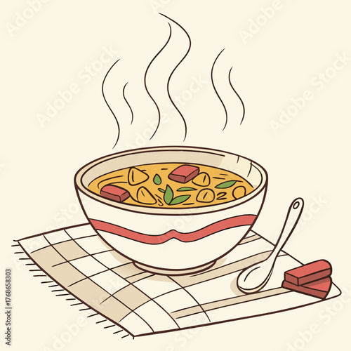 A steaming bowl of hearty soup, garnished with fresh herbs and chunks of meat, sits atop a checkered cloth, accompanied by a spoon and brick, creating a comforting and inviting scene