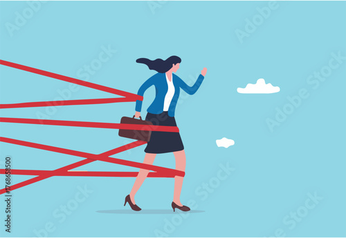 Gender barrier, woman career obstacle or inequality, limitation or discrimination, effort to overcome difficulty concept, strong businesswoman try with full effort to break red tape to growing in work