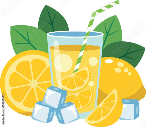 A refreshing glass of lemonade with ice cubes, lemons, and leaves.