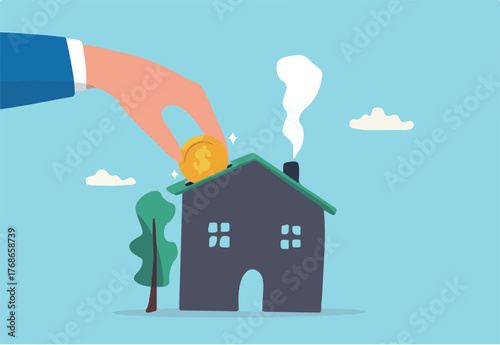 Down payment for house purchasing, mortgage or real estate loan, savings to buy new home or property investment, rental concept, businessman hand home owner putting money dollar coin into new house.