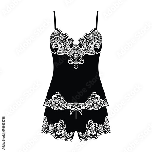 Elegant black lingerie set with white lace trim and bow detail silhouette