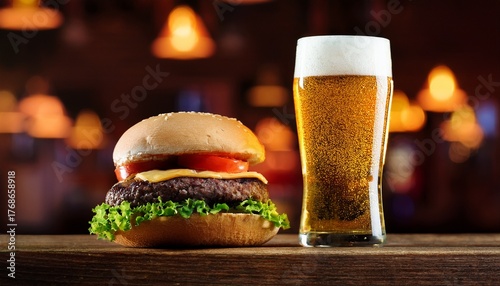 Hamburger And Light Beer On A Pub Background
