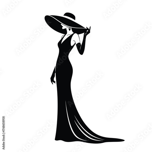 Elegant silhouette woman in flowing gown and wide hat posing gracefully silhouette