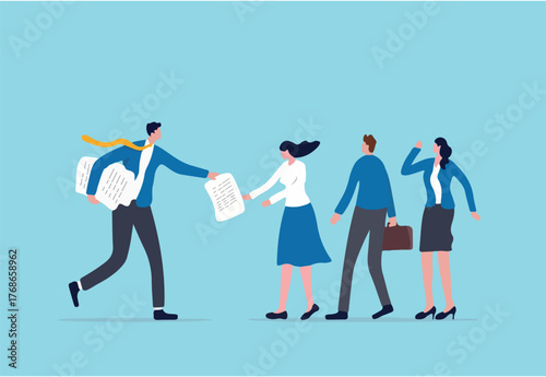 Work delegation, manager distribute work assignment to team member colleagues, assign tasks, job or project to staff responsibility concept, businessman manager delegate project assignment to team.